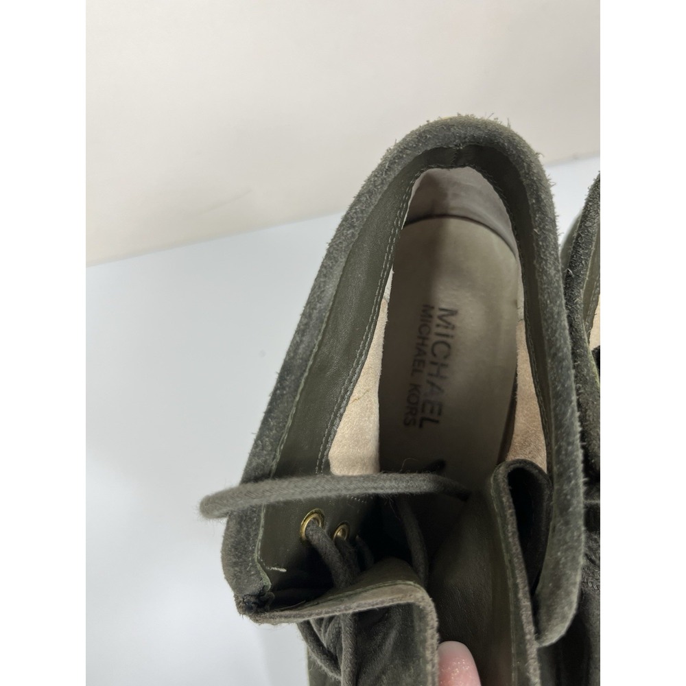 Michael Kors Size 8 Wedge Booties Green Gray Suede Lace-Up Platform Ankle Great! - Picture 7 of 16